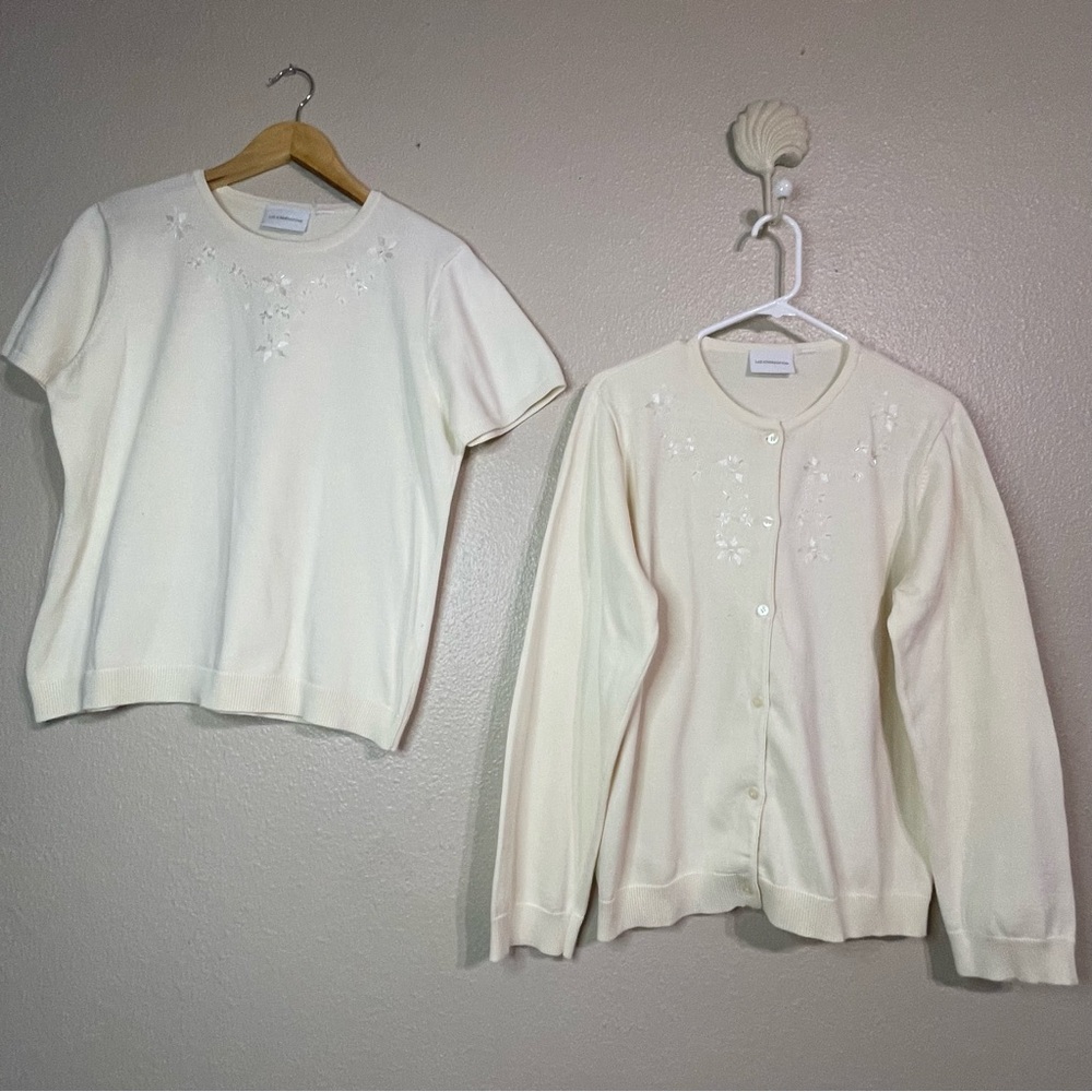 liz claiborne floral beaded knit cardigan set of 2 Ivory‎